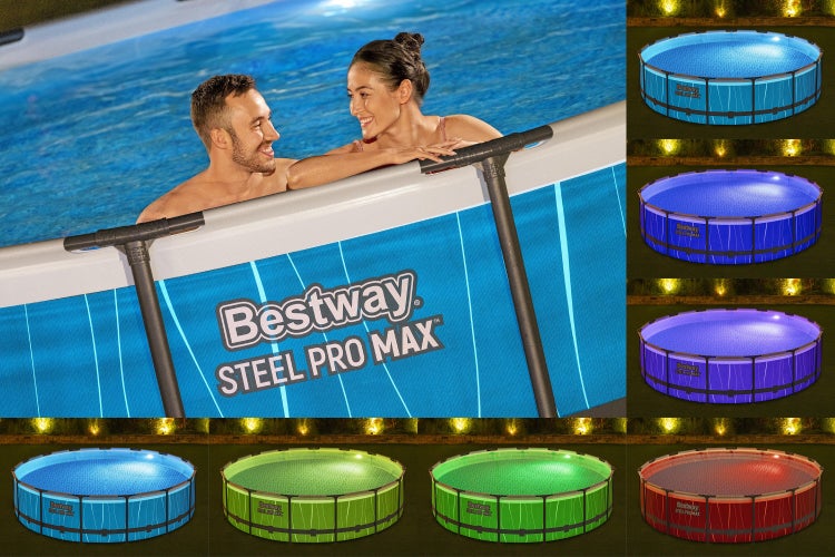 Bestway Steel Pro Max Aufstellpool mit integrierter LED-Beleuchtung in verschiedenen Farben und einem Paar im Wasser.