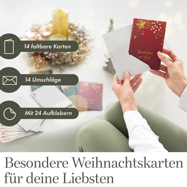 Milula Studios 14 Weihnachtskarten mit Umschlag Set - Adventskarten A6 - Karten Weihnachten Set - Weihnachtskarte zum Aufklappen - Weihnachtspostkarten Set für Weihnachten