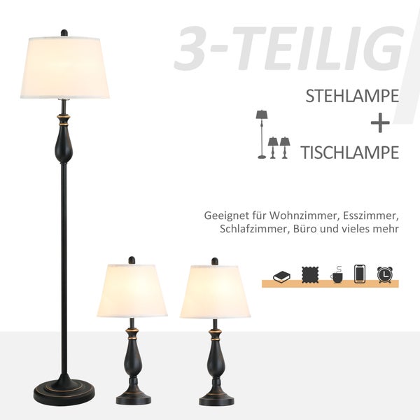 HOMCOM 3er-Lampenset, ø38 x 158H cm / ø30 x 62H cm, Metall, Schwarz+Weiß