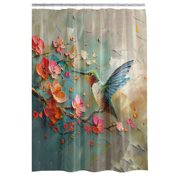Duschvorhang mit Kolibri und Blumenmotiv in Ölmalerei Optik für das Badezimmer