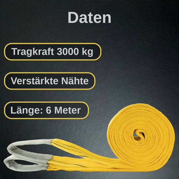 Hebegurt mit 3000 Kilogramm Tragkraft, verstärkten Nähten und 6 Meter Länge.