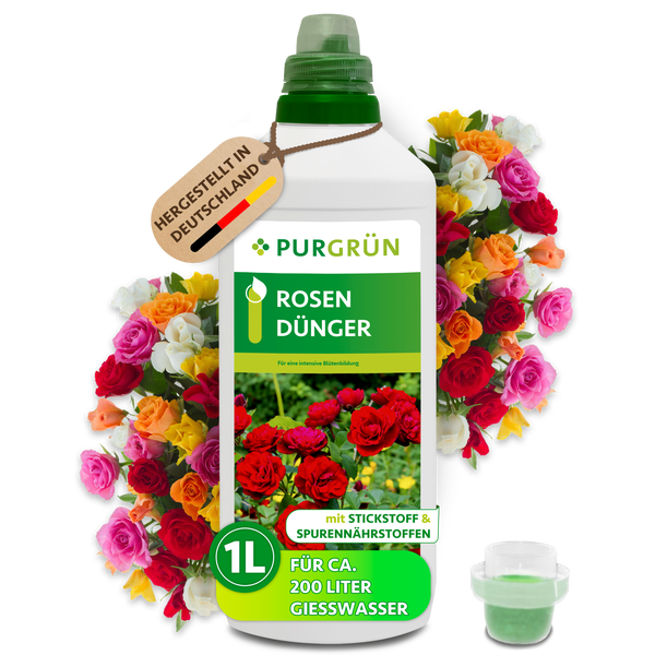 Purgrün Rosendünger, 1 Liter Flüssigdünger für Rosen mit Stickstoff und Spurennährstoffen, ausreichend für 200 Liter Gießwasser.