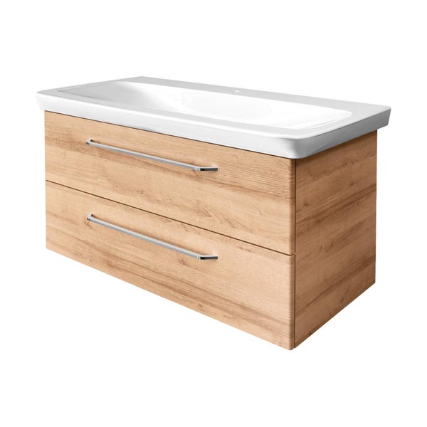 FACKELMANN MILANO Badmöbelset 3-teilig, 100 cm Breite Waschtisch mit Unterschrank und Spiegelschrank in Holz braun, inkl. LED-Beleuchtung mit Soft-Close-System