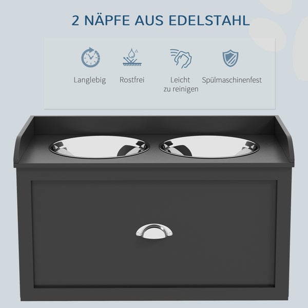 Futterstation mit zwei Edelstahlnäpfen und Schublade, langlebig, rostfrei, leicht zu reinigen und spülmaschinenfest.