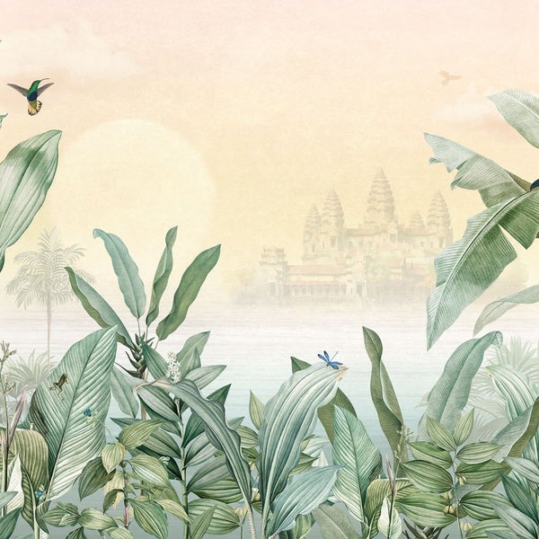 Tapete mit Dschungelmotiv, Angkor Wat im Hintergrund