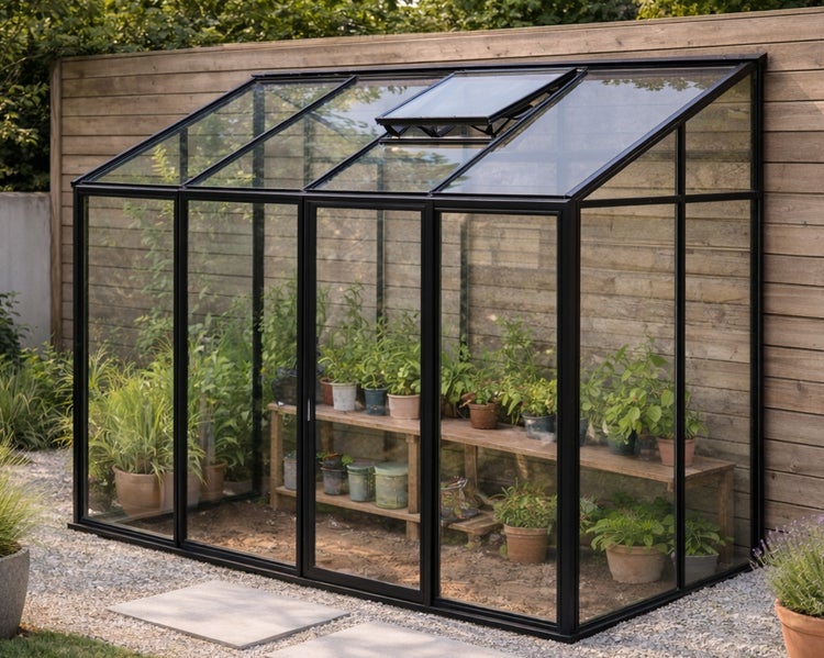 Schwarzes Anlehn-Gewächshaus aus Glas und Aluminium an einer Holzwand mit Pflanzen im Innenraum.