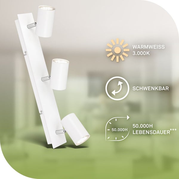 Wandleuchte mit drei schwenkbaren Strahlern, Kennzeichnung für warmweißes Licht, Schwenkbarkeit und Lebensdauer