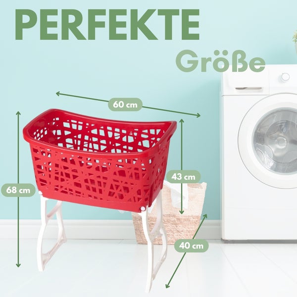 Roter Wäschekorb aus Kunststoff mit den Massangaben 60 cm x 43 cm x 68 cm
