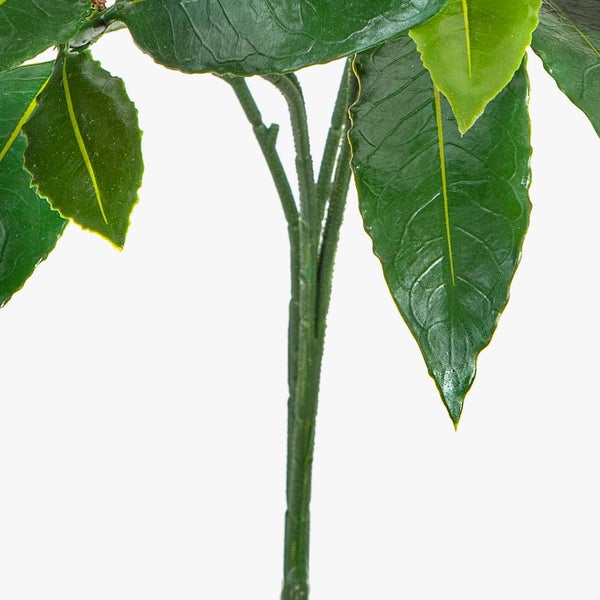 Detailaufnahme einer künstlichen Pflanze mit Stiel und gezackten Blättern.