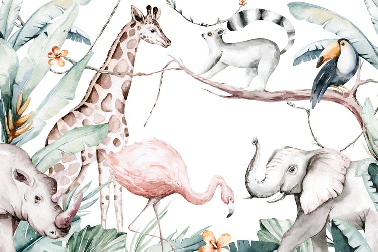 Wandtapete mit Dschungelmotiv und Wildtieren wie Giraffe, Elefant, Flamingo, Lemur und Tukan in Aquarelloptik für Kinderzimmer.