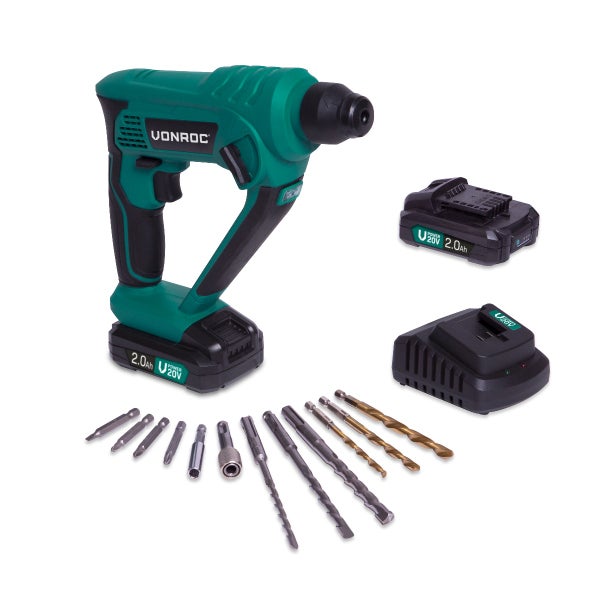 Vonroc Akku-Bohrhammer 20 Volt in Grün und Schwarz, Set mit zwei 2,0 Amperestunden Akkus, Ladegerät, Bohrern und Bits.