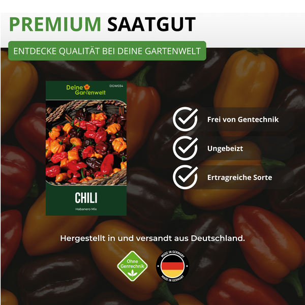 Deine Gartenwelt Logo, Premium Chili Saatgut Habanero Mix, frei von Gentechnik, ungebeizt, ertragreiche Sorte, hergestellt in Deutschland.