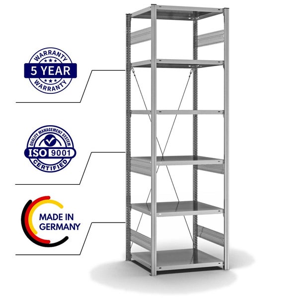 PROREGAL Fachbodenregal Stecksystem T-Profil Medium-Duty Grundregal HxBxT 250 x 75 x 60 cm 6 Ebenen Fachlast 240 kg Einseitig Nutzbar Verzinkt