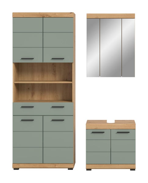 Badezimmermöbel-Set aus Hochschrank, Spiegelschrank und Waschbeckenunterschrank in Eichenoptik mit salbeigrünen Fronten.