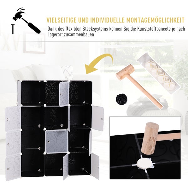 HOMCOM Kleiderschrank DIY Garderobe Regalsystem Steckregal Würfel Garderobenschrank mit Kleiderstange 2 + 6 Fächer aus PP Schwarz + Weiß 111 x 47 x 145 cm