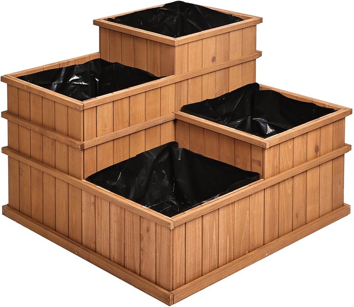 needs&wants® Multi Hochbeet mit 4 Pflanzkästen quadratisch aus Holz für Garten Balkon Terrasse, 4er Pflanzbeet Blumenbeet niedrig mit Folie, 81 x 81 x 61 cm, braun