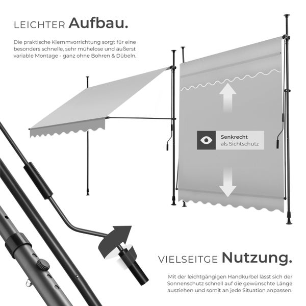 Klemmmarkise tectake  einfache Montage mit Handkurbel hellgrau