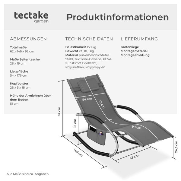 Tectake Logo und Produktmaße einer Gartenliege aus pulverbeschichtetem Stahl und Textilene mit Seitentasche und Kopfpolster.