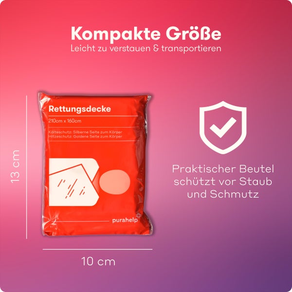 PURAHELP Rettungsdecke Gold Silber für Notfälle (10 Stück) - 210 x 160 cm - Wetterfeste Notfalldecke für Erste Hilfe und Outdoor - Kompakte Rettungsdecken für Auto, Wandern & Camping