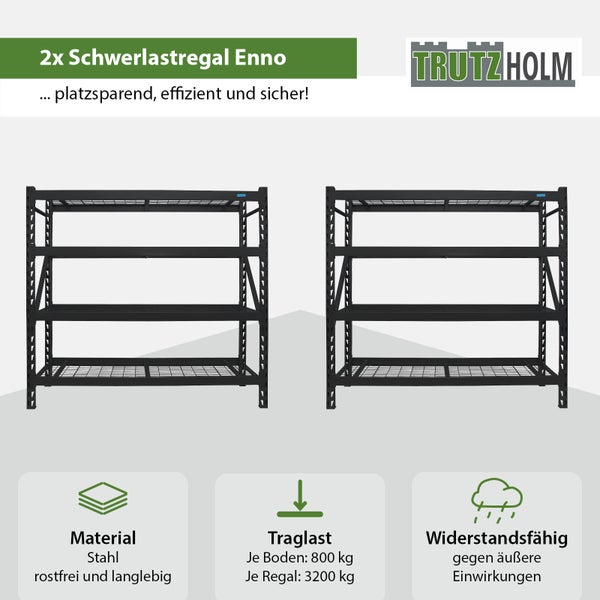 Zwei Schwerlastregale aus Stahl mit je vier Ebenen