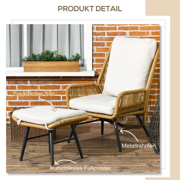 Outsunny Rattan Relaxsessel mit Fußhocker, mit verstellbarer Rückenlehne, mit Kissen, 67L x 83B x 94H cm, Stahl, Polyester, Natur