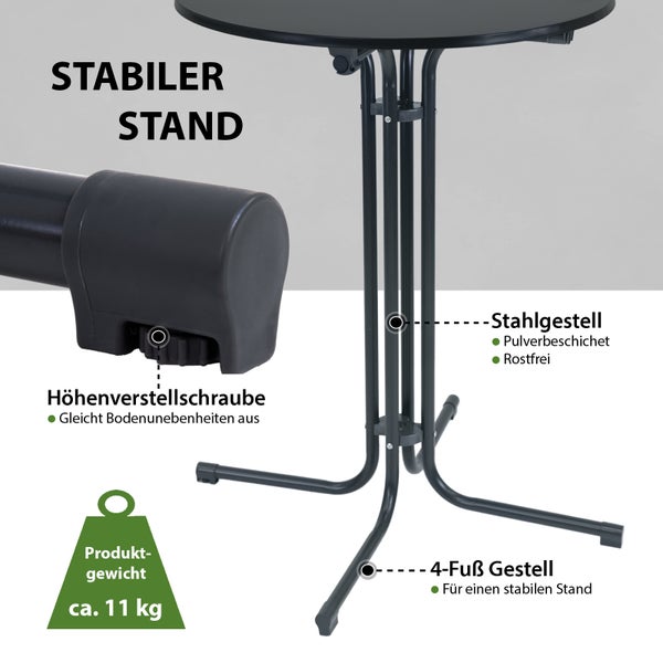 Runder Stehtisch mit pulverbeschichtetem Stahlgestell, vier Standbeinen und höhenverstellbaren Schrauben zum Ausgleich von Bodenunebenheiten.