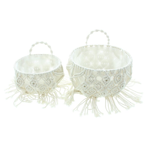 FRANK FLECHTWAREN | Wandkorb Makramee, 2er Set, TEXTIL, METALL, 20 x 17 x 12 cm, GH 18 cm, 25 x 22 x 15 cm, GH 22 cm
