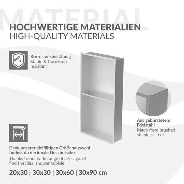 Duschablage aus gebürstetem Edelstahl, korrosionsbeständig, erhältlich in verschiedenen Größen wie 20 mal 30 bis 30 mal 90 Zentimeter.