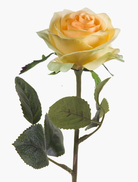 Künstliche Rose mit gelber Blüte, grünem Stängel und grünen Blättern.