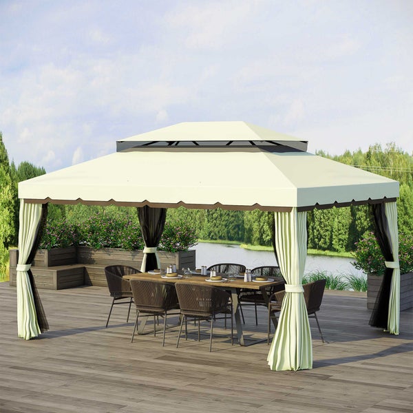 Outsunny Gartenpavillon Pavillon Gartenzelt Festzelt Partyzelt mit 4 x Seitenwand wetterfest Aluminium Polyester Cremeweiß 3,9 x 2,9 x 2,7 m