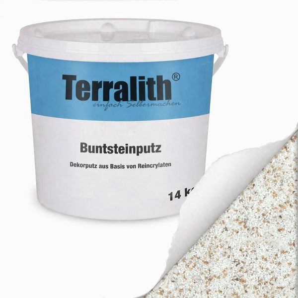 Terralith Buntsteinputz Dekorputz 14 Kilogramm, feine Körnung in Weiß und Beige.