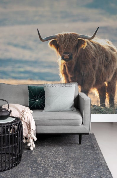 Wohnzimmerszene mit Sofa, Kissen, Teppich, Beistelltisch und Fototapete