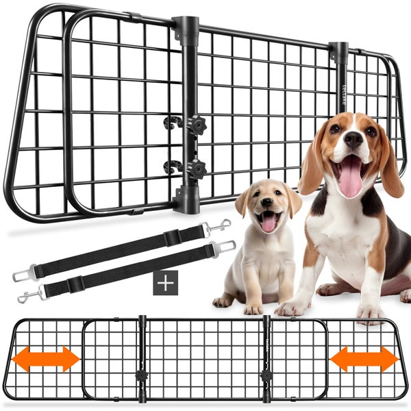 Verstellbares Hunde-Schutzgitter aus Metall für das Auto, tectake Logo, inklusive zwei Sicherheitsgurten und Abbildung von zwei Hunden.