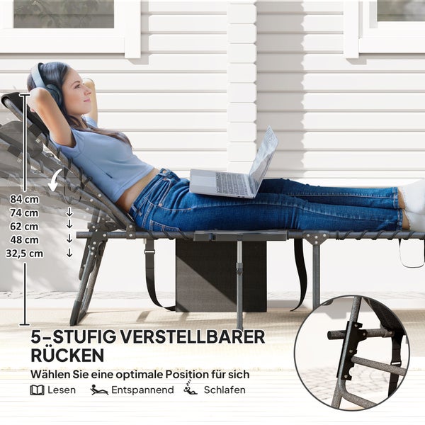 Verstellbare Gartenliege mit 5-stufiger Rückenlehne von 32,5 bis 84 cm zum Lesen, Entspannen und Schlafen.