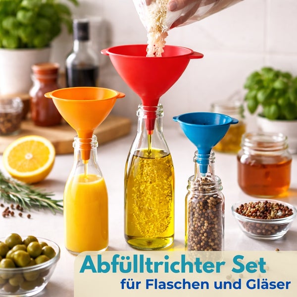 Abfülltrichter Set für Flaschen und Gläser in den Farben Rot, Orange und Blau