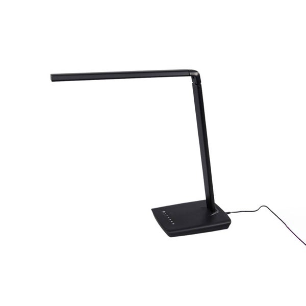 Schwarze LED-Schreibtischlampe mit verstellbarem Arm und Touch-Bedienfeld auf dem Standfuß.