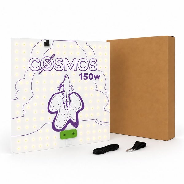 Vanguard Hydroponics Cosmos 150 Watt LED Pflanzenlampe mit Netzkabel, Aufhängeset und Kartonverpackung.