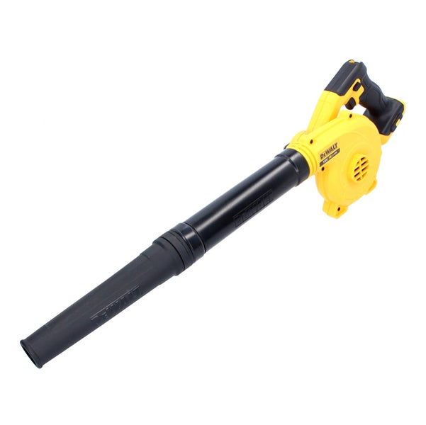 DeWalt Akku-Laubbläser mit schwarzem Blasrohr und gelb-schwarzem Gehäuse.