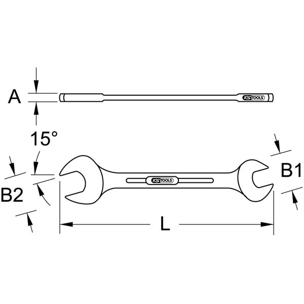 Technische Zeichnung eines Schraubenschlüssels mit Maßangaben und KS Tools Logo