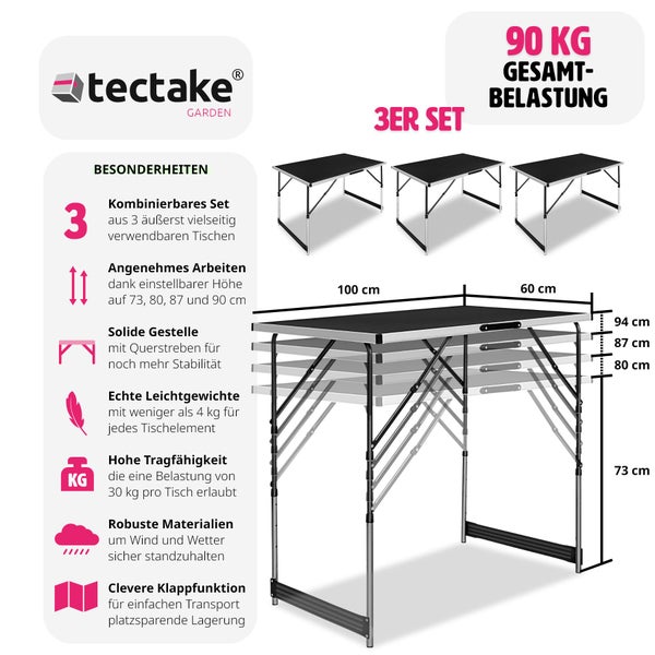 3er Set Tapeziertisch tectake  300 x 60 x 73 - 94 cm klappbar schwarz