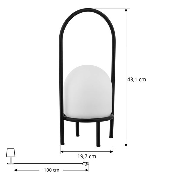 Tischleuchte mit schwarzem Metallbogen und weißem Schirm, Höhe 43,1 Zentimeter, Breite 19,7 Zentimeter, Kabellänge 100 Zentimeter.