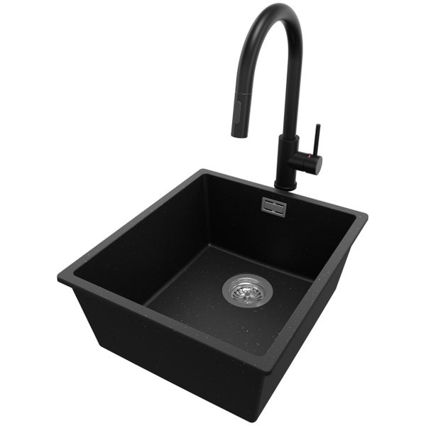 PRIMAGRAN Granitspüle Schwarz Metallic 41x47cm, Spülbecken 1 Becken + Küchenarmatur 40x20cm + Ablauf-Set, Küchenspüle ab 45er Unterschrank - London Slim