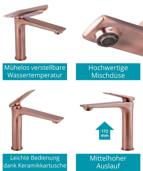 Calmwaters® Eckige Waschtischarmatur Industrial, Wasserhahn Bad, Waschbeckenarmatur mit Schaftventil, Einhebelmischer mit Keramikkartusche, mittelhohe Badarmatur, Messing, Kupfer, 14PZ5441