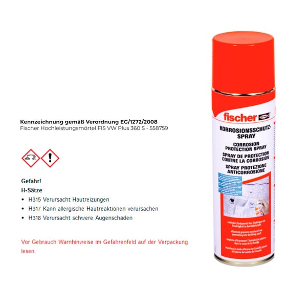 fischer Korrosionsschutz-Spray in der Sprühdose zur fachgerechten Versiegelung von Dübelschaften gegen Feuchtigkeit.