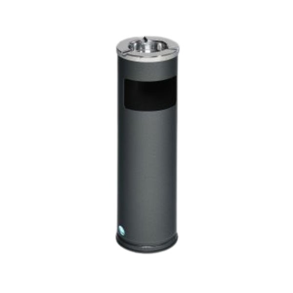 Zylindrischer Standascher mit integriertem Abfalleimer aus Metall in Anthrazit und Silber.