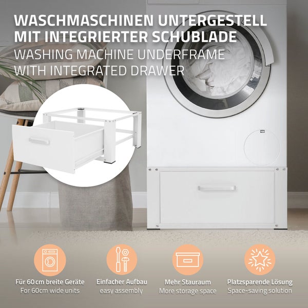 ML-Design Waschmaschinen Untergestell mit Schublade 63x54cm Stahl Weiß bis 150kg, Waschmaschinen-Unterschrank, Stabiler Waschmaschinensockel, H=31,5cm Podest Erhöhung Unterbau für Trockner/Kühlschrank
