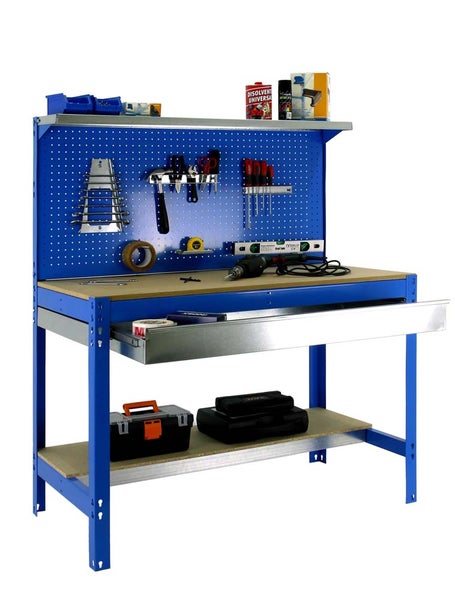 PROREGAL Werkbank Buffalo mit Werkzeugwand Schubfach und Ablage HxBxT 84 x 120 x 61 cm Traglast 600 kg Blau