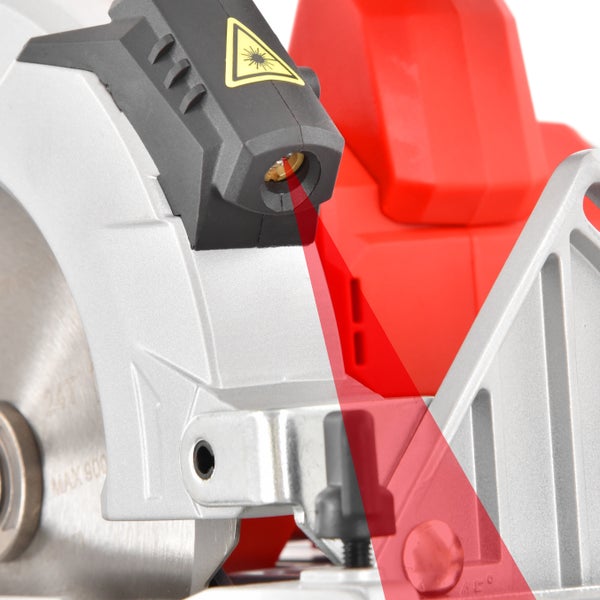 Detailansicht einer Kreissäge mit integrierter Laserführung zur Anzeige der Schnittlinie.