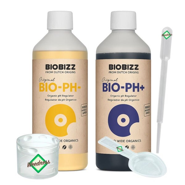 Biobizz Bio-PH- und Bio-PH+ Set, organische pH-Regulierer für Pflanzen mit Messbecher, Pipette und Dosierlöffel, Weedness Logo.