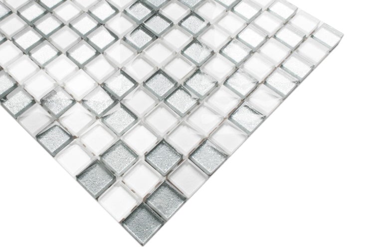 Glasmosaik auf Netz für Bad und Küche 30cm x 30cm  - Silver White